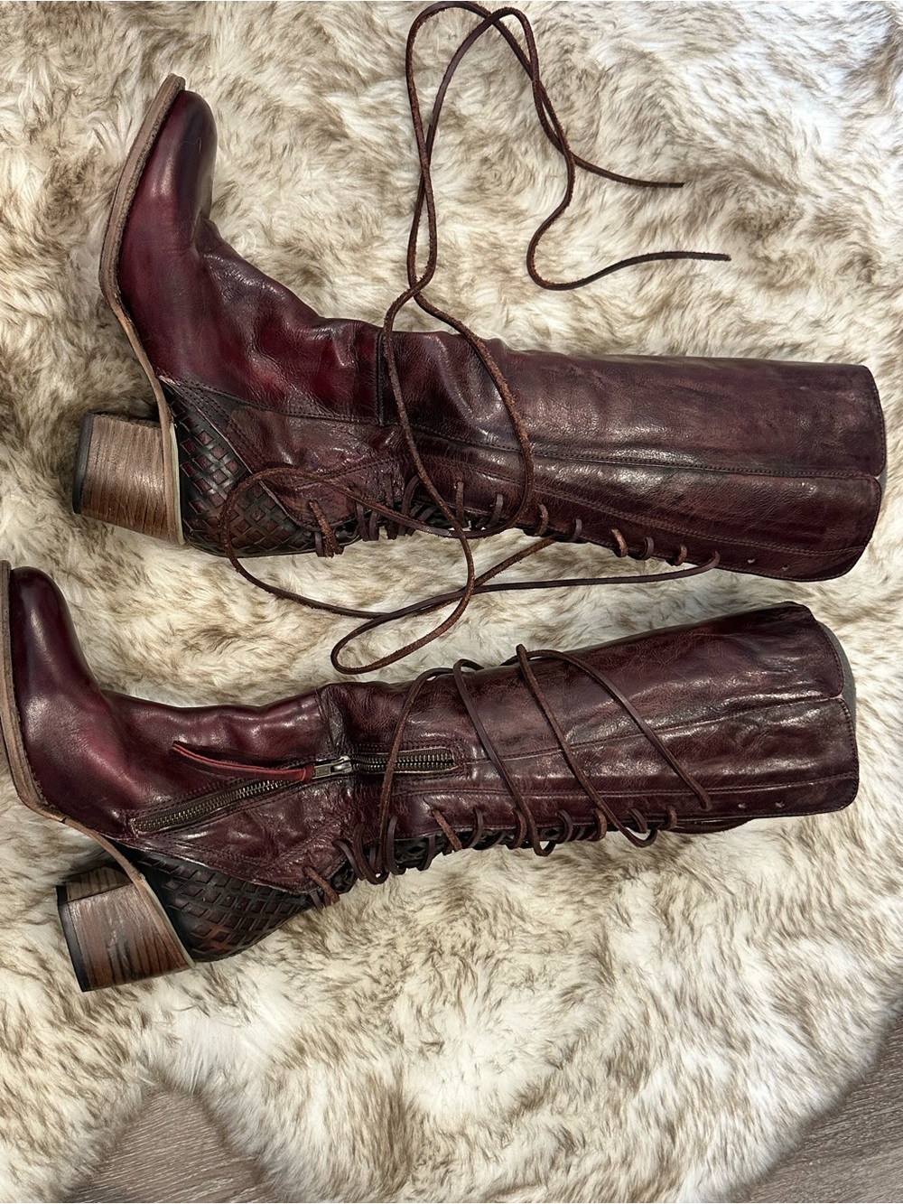 freebird Burgundy Lace-Up Leather Knee Boots
